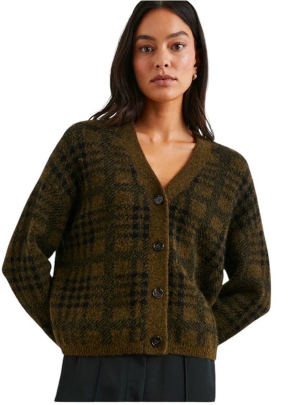Rails Reese Plaid Cardigan Swearer Olive Green Plaid Alpaca Wool Blend  XS